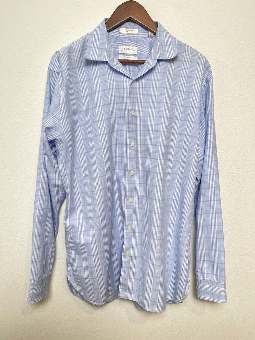John W Nordstrom Trim Fit Dress Shirt Blue Plaid 17 36/37 120s 2 Ply Cotton
